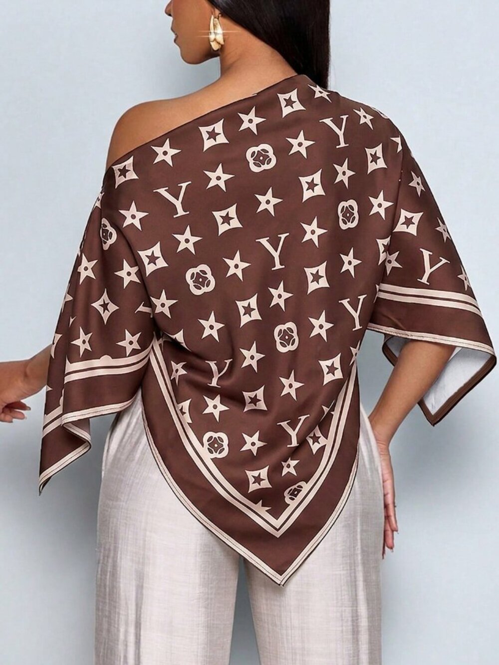 Brown Boho Women's Elegant Off-Shoulder Shirt Artistic Pattern Party Top - Picture 2 of 10